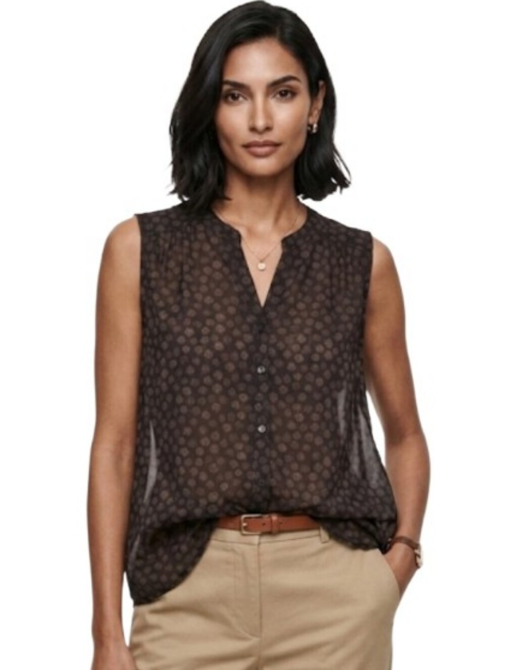"H&M" Sleeveless Brown Patterned Top – Size M – Excellent Condition